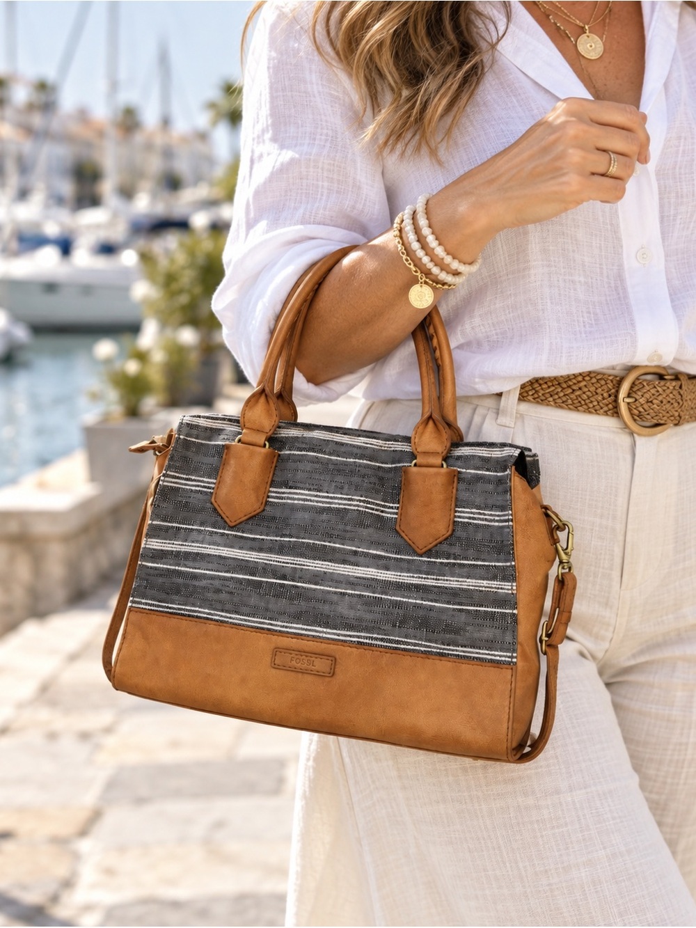 FOSSIL Black Ecru Stripe Textile Cognac Leather Trim Satchel Shoulder Bag